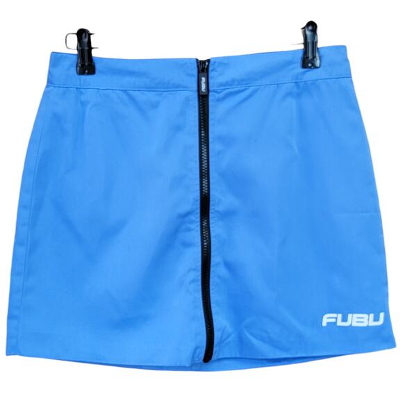 Forever 21 x Fubu‎ Blue Zipper Skirt Womens Sz M Mini A Line Sporty Logo Short - Picture 1 of 6
